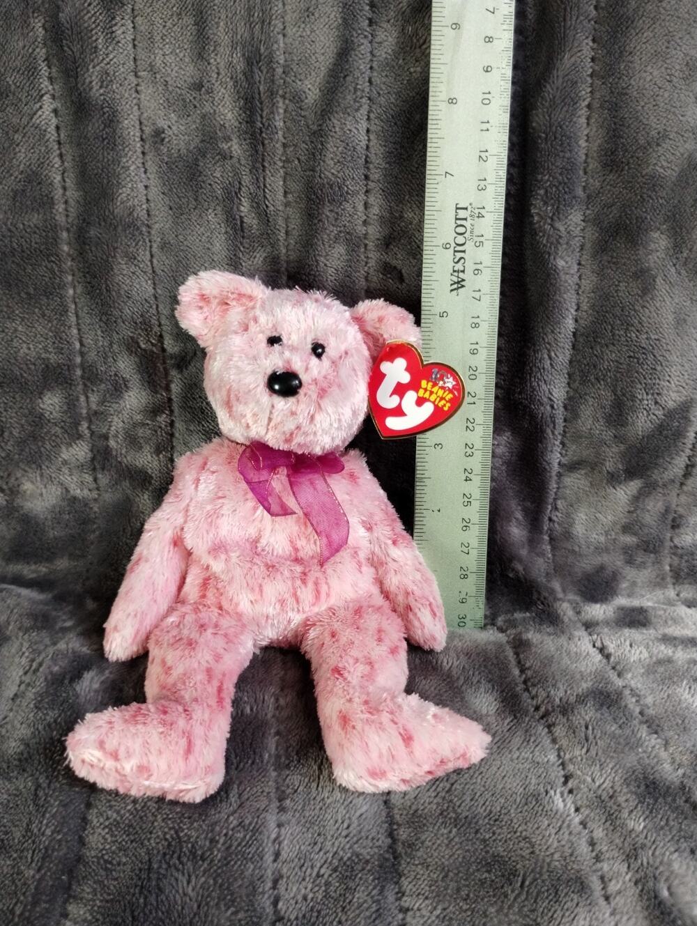 Ty Beanie Baby Smitten Bear Plush Pink Ribbon 2002 8.5" Tags